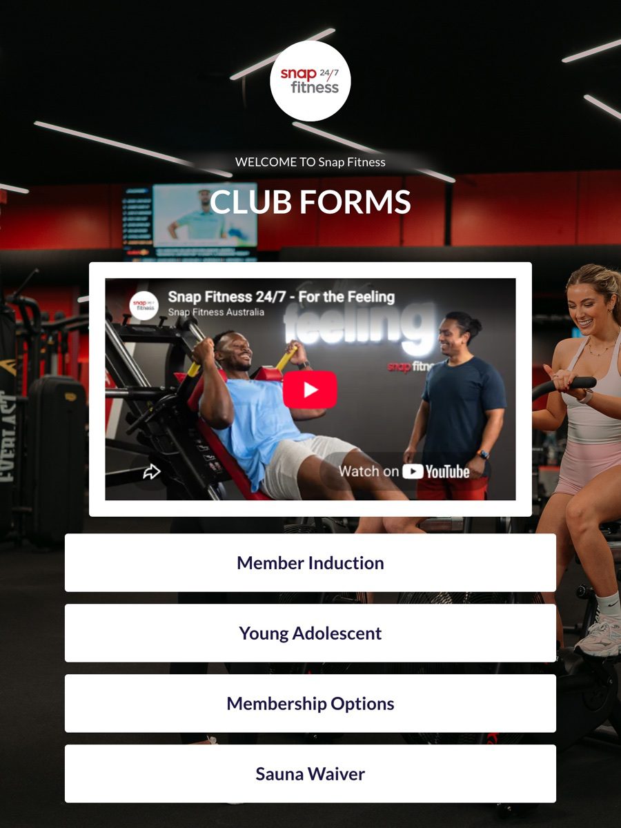 The Club Forms page with Member Induction and Young Adolescent buttons