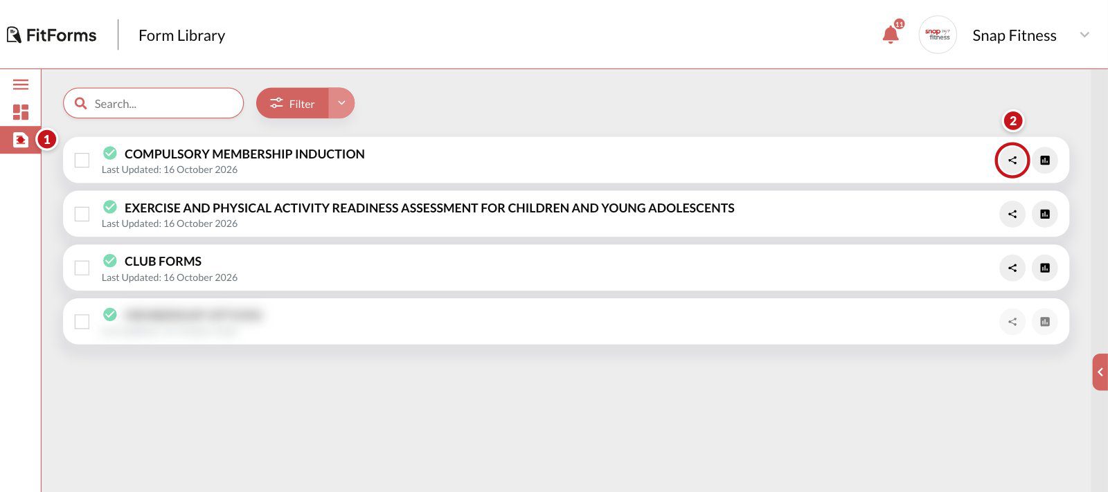 The Form Library in FitForms with two callouts: 1 on Form Library in the left menu, 2 on the Share icon on the induction form's row