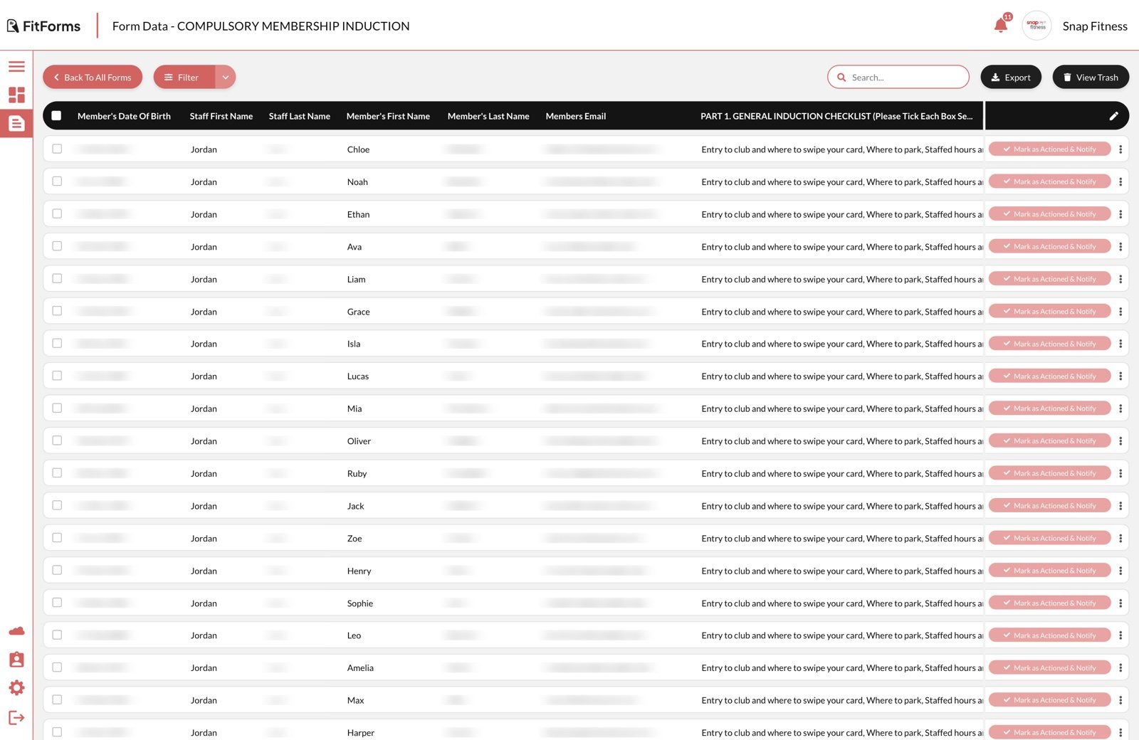View Data for the Compulsory Membership Induction: a table of submissions with search, Export and a Mark as Actioned button on every row