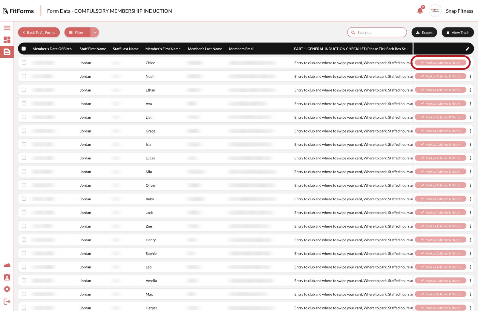View Data with the Mark as Actioned button on the first submission highlighted in red