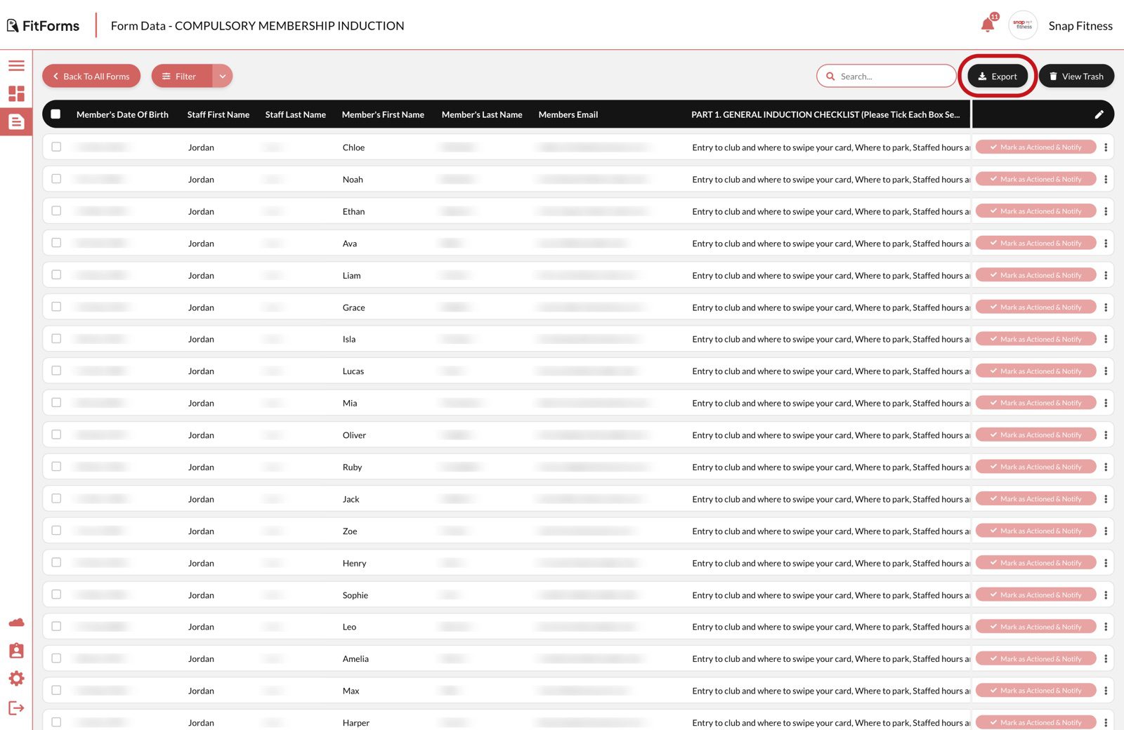 View Data with the Export button at the top right highlighted in red