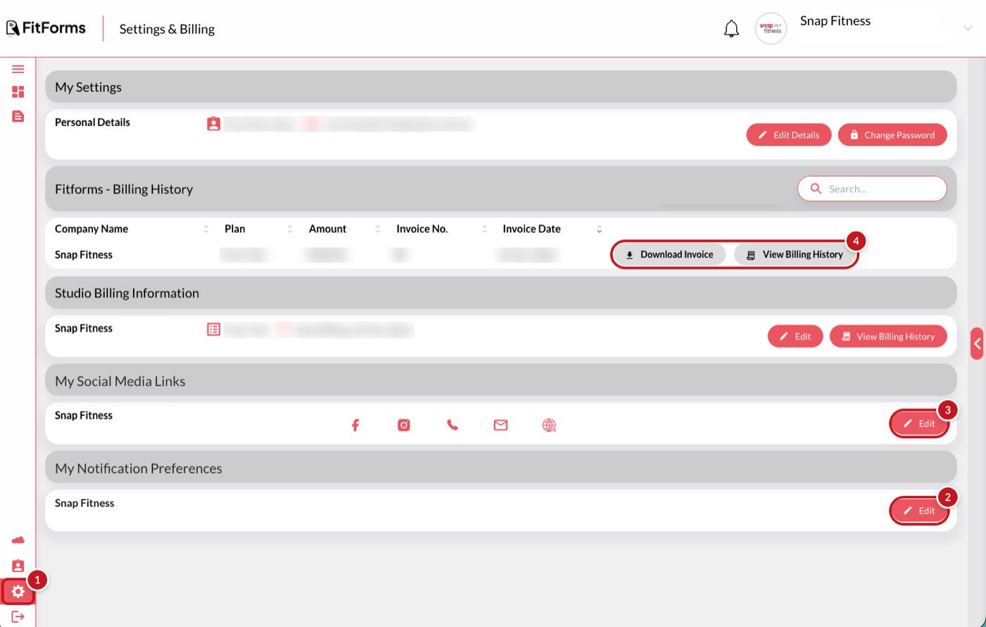 The Settings and Billing page in FitForms with four callouts: 1 on Settings in the left menu, 2 on Edit under My Notification Preferences, 3 on Edit under My Social Media Links, 4 on the Download Invoice and View Billing History buttons