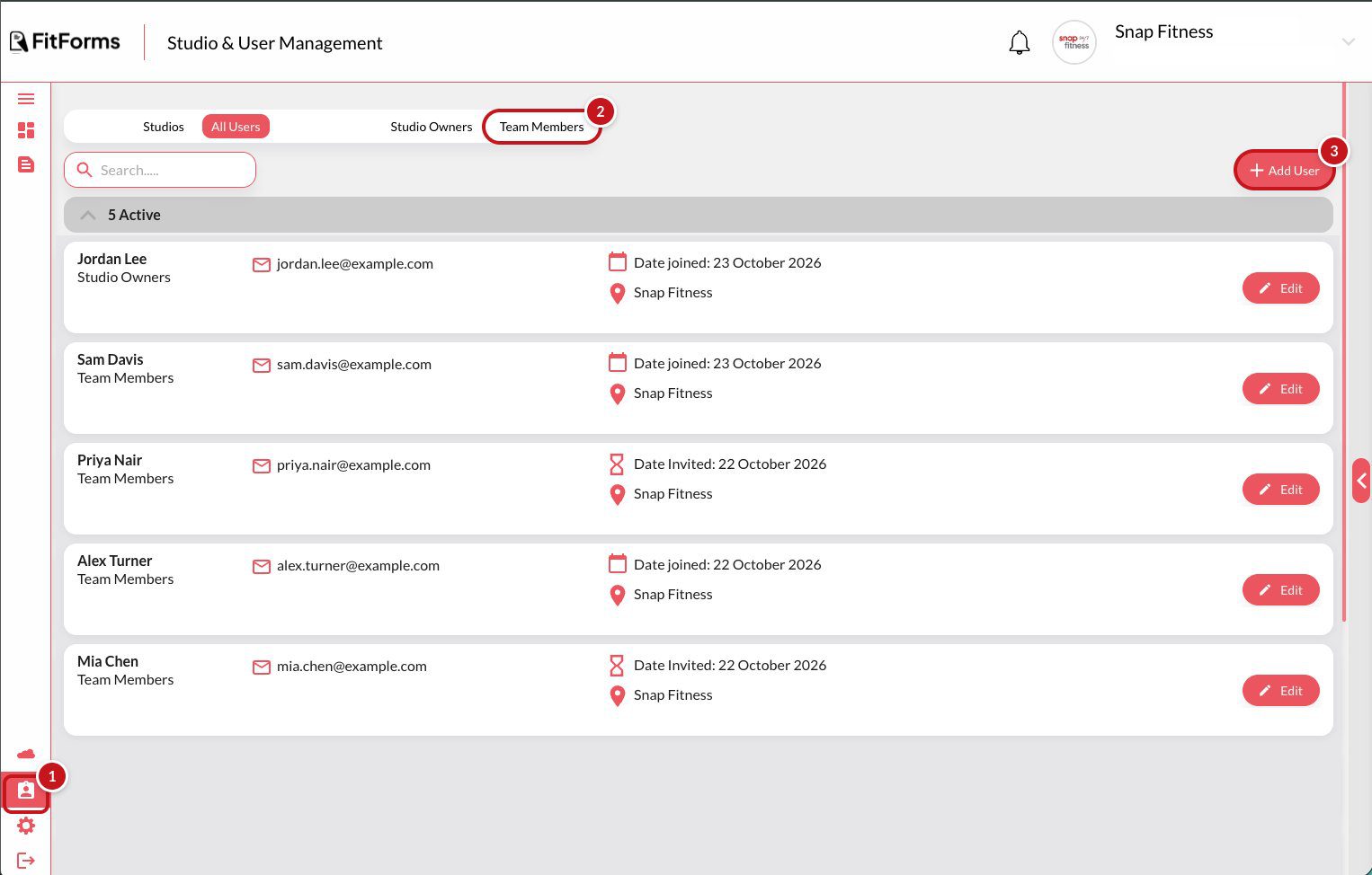 Studio and User Management in FitForms with three callouts: 1 on the menu icon, 2 on the Team Members tab, 3 on the Add User button, above a list of five example people