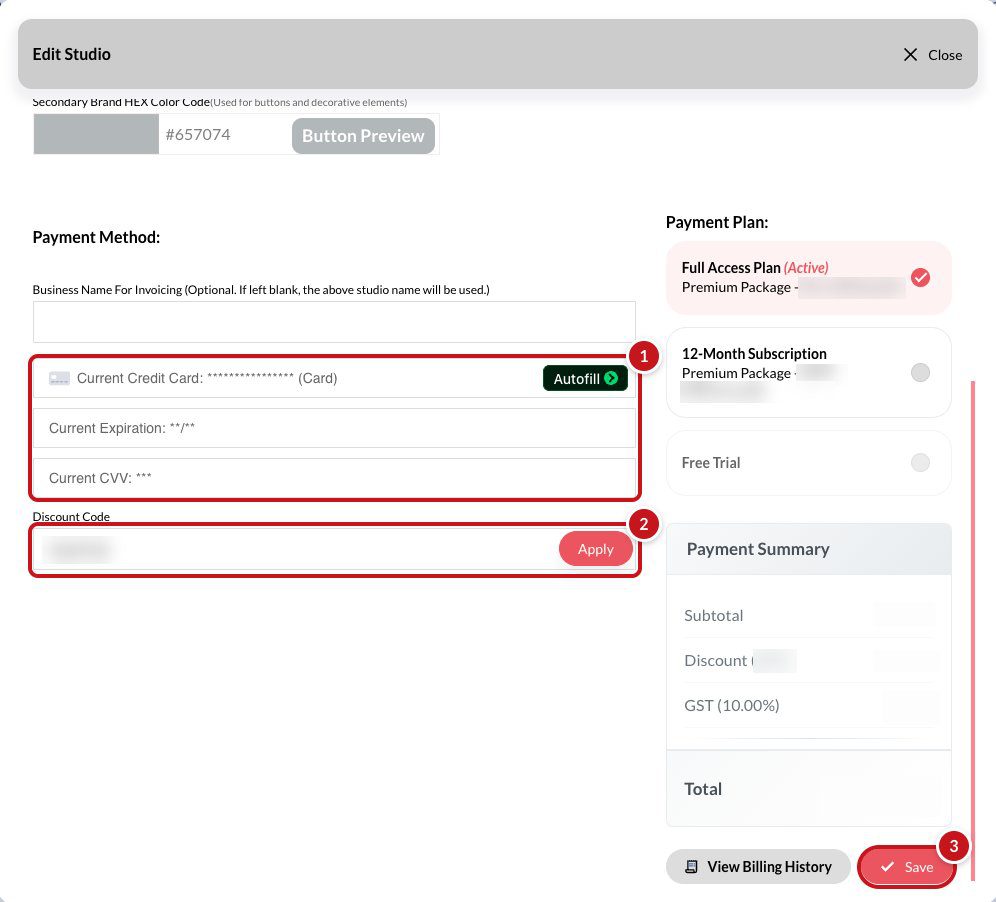 The Edit Studio box showing Payment Method: 1 on the card fields, 2 on Discount Code and Apply, 3 on Save