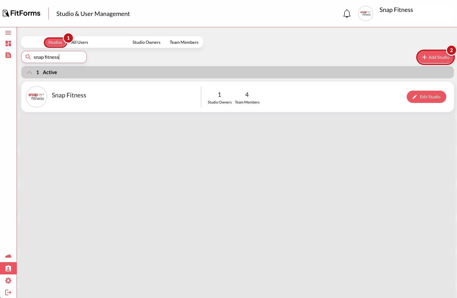 Studio and User Management on the Studios tab: 1 on the Studios tab, 2 on the Add Studio button