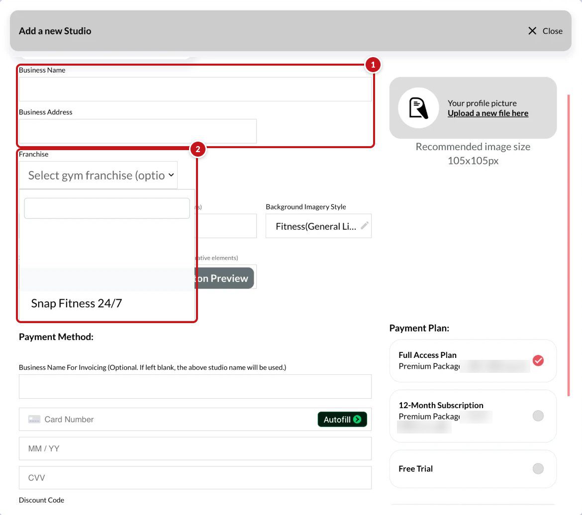 The Add a new Studio form: 1 on Business Name and Business Address, 2 on the Franchise list